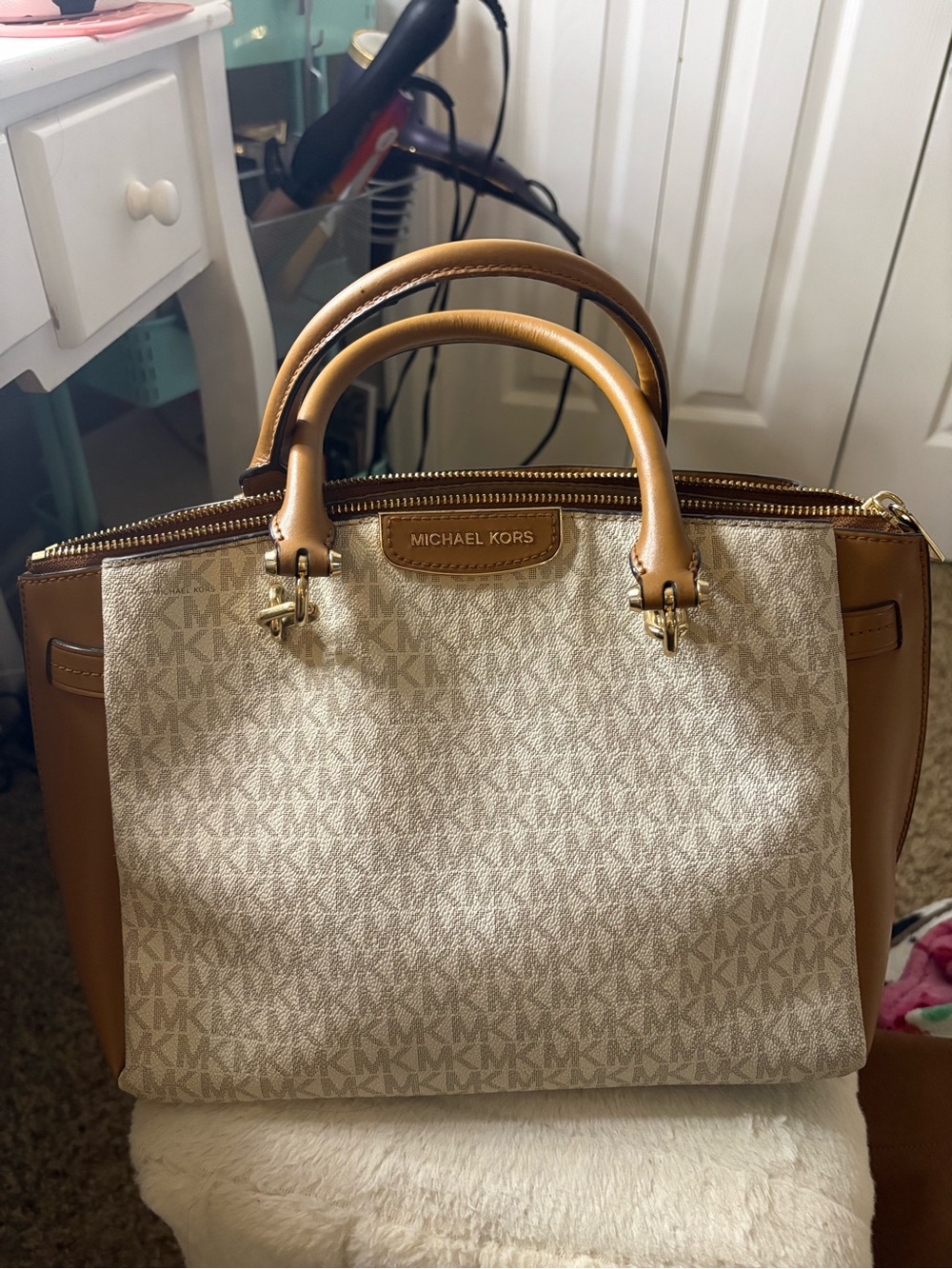 Michael Kors Cream Logo Satchel with Tan Leather Trim